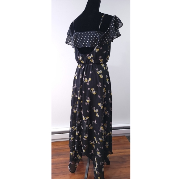 MAURICES Yellow & Black Floral Dot Maxi Dress Sleeveless Full Ruffle Chest Sz XS - Picture 3 of 6